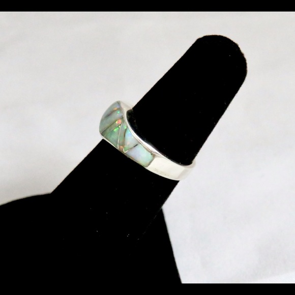 Sterling Silver Inlay White Lab Opal Band Ring - Picture 4 of 13